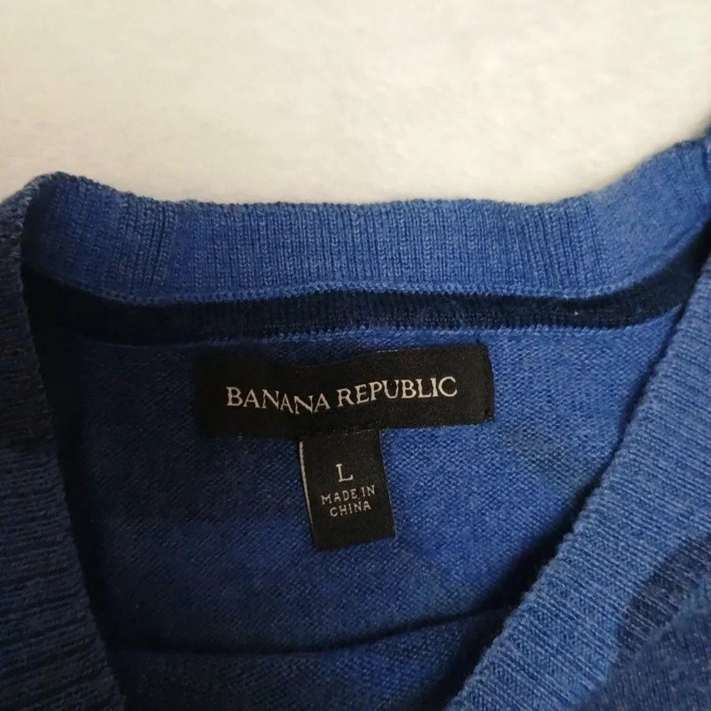 Banana Republic Sweater Mens L Blue Camouflage Pullover Crew Merino Wool SHRUNK